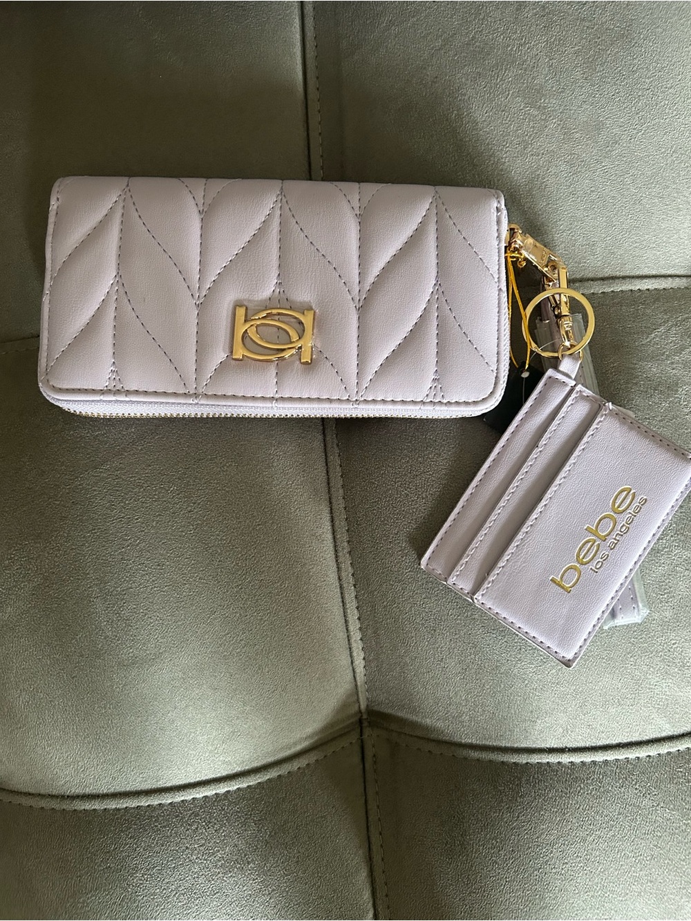 bebe Quilted Zip Wallet with Card Holder in Light Lilac and Gold